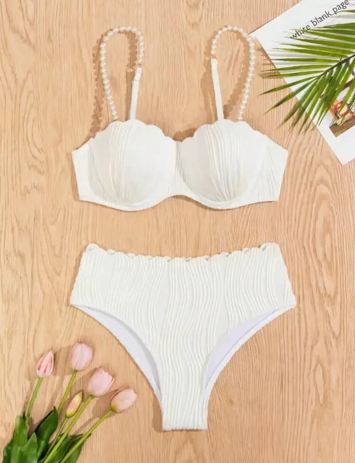 Sexy blanc noir Bikini ensemble 2025 femmes perles sangle volants Push Up taille haute maillot de bain plage maillot de bain deux pièces maillots de bain