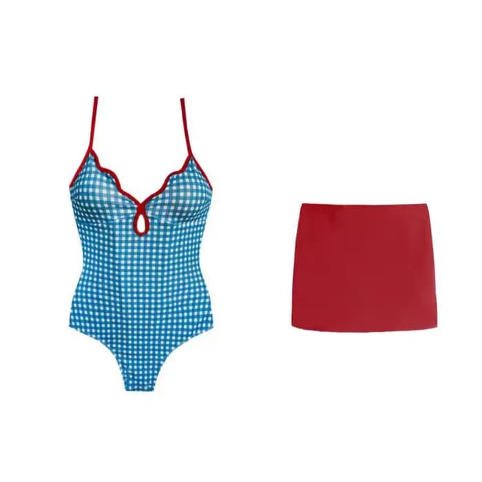 Maillot de bain amincissant à carreaux avec jupe à bords festonnés et dos nu