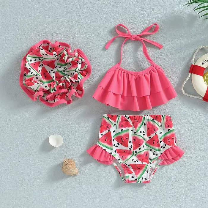 Maillot de bain Bikini pour petites filles, sans manches, col licou, à volants, haut court, gilet, short, costume de bain pour nourrissons avec chapeau