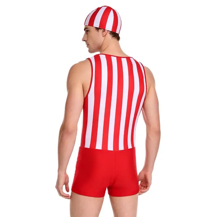 Maillot de bain à séchage rapide pour hommes, avec bonnet de bain, justaucorps sans manches, une pièce rayée, pour le surf, la plage, la piscine