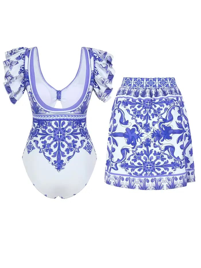 Maillot de bain une pièce moulant pour femme, imprimé porcelaine bleu et blanc, avec ensemble de paréo, pour les vacances à la plage