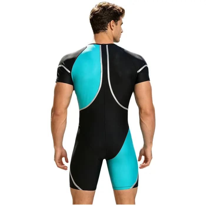Maillot de bain une pièce pour homme, anti-UV, à manches courtes, col rond, couleur contrastante, pour le surf, avec effet ventre plat