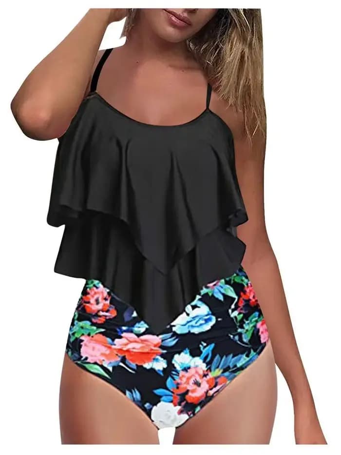 Maillot de bain séduisant élégant noir Double volants
