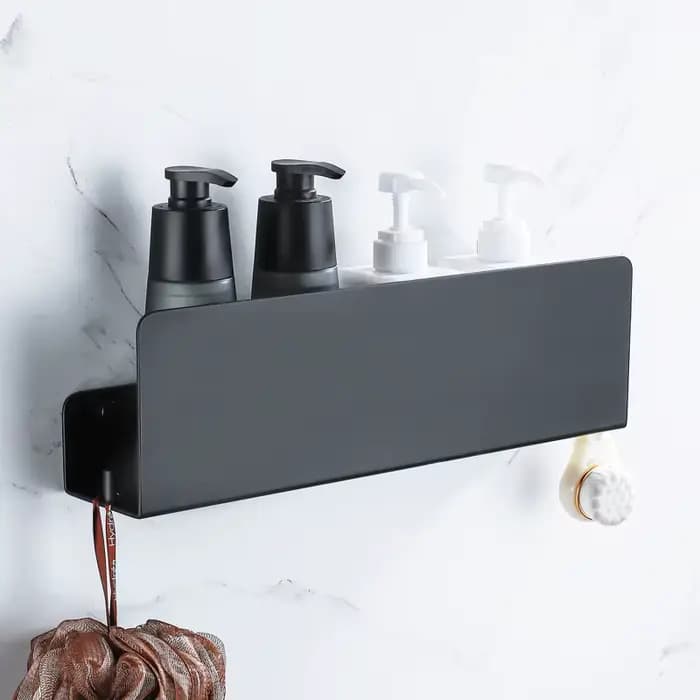 Étagère de rangement de salle de bain noire avec crochets, étagères de décoration de cuisine en aluminium sur le mur, support de rangement de douche, support mural
