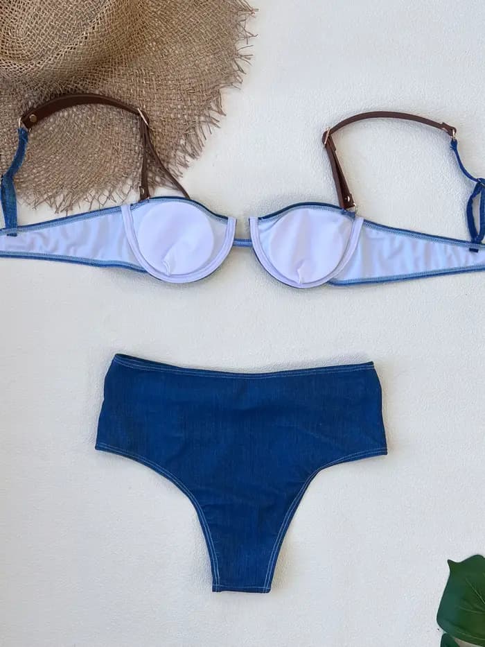 2025 Ensemble bikini en jean style cow-girl avec bretelles en cuir boucles en métal parfait pour les fêtes à la piscine escapades d'été Glamour au bord de la piscine