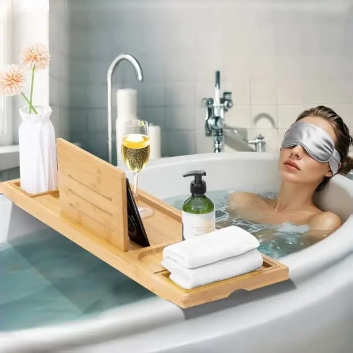 Plateau de bain réglable et extensible en bambou avec porte-gobelet / porte-livre