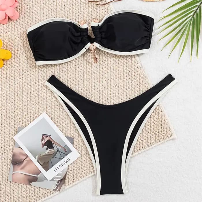 Blanc Bandeau Bikinis ensembles femme Sexy maillot de bain contraste couleur métal boucle maillots de bain coupe haute maillot de bain brésilien Bikini Mujer