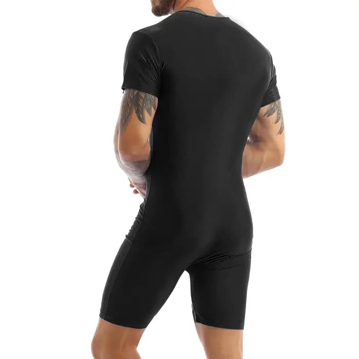 Maillot de bain une pièce pour hommes, manches courtes, fermeture éclair, brillant, doux, Boxer, body, plage, piscine, fête, protection contre les éruptions cutanées