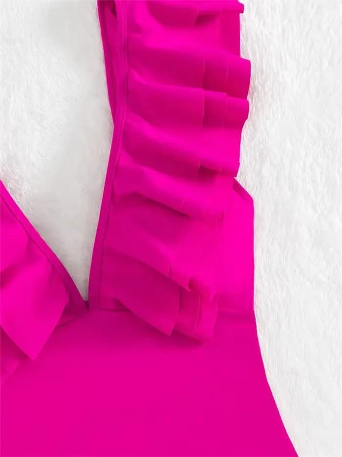 Maillot de bain sexy à volants pour femme, rose vif uni, col en V, effet ventre plat, monokini, collection été 2026, maillot de bain une pièce dos nu