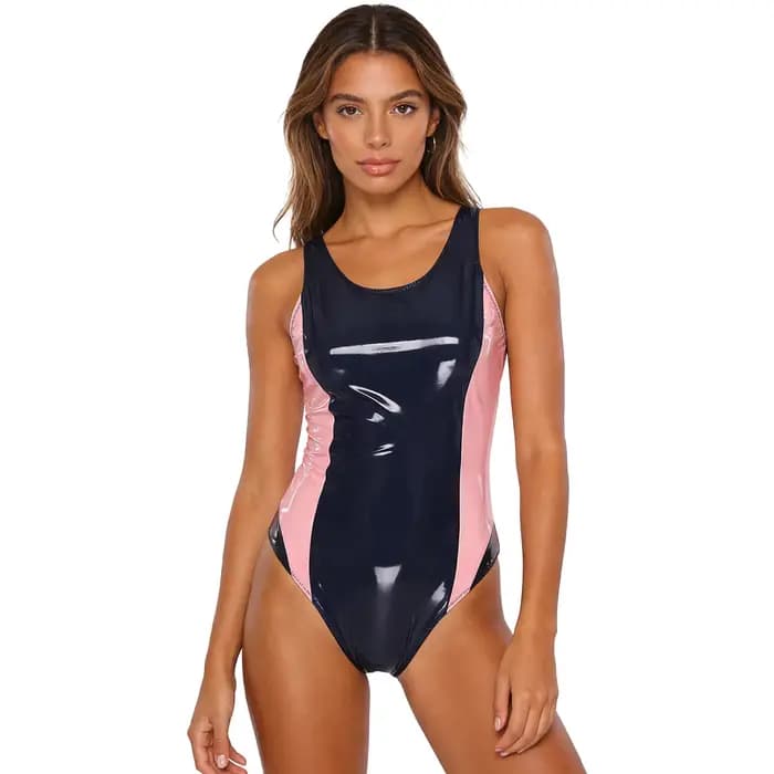 Maillot de bain une pièce en similicuir PU pour femme, col rond, sans manches, coupe haute, effet mouillé, style justaucorps, tenue de plage