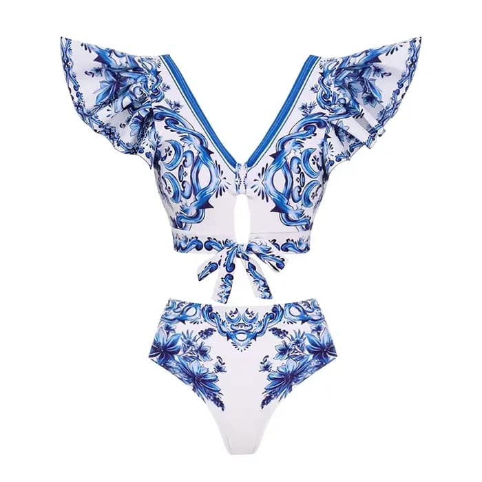 FLAXMAKER-Maillot de bain imprimé Majolica avec nœud décoratif, ensemble une pièce sexy, bikini, push up