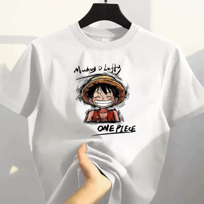 T-shirt en coton pur à manches courtes avec imprimé du personnage Luffy de One Piece, style ample, thème anime