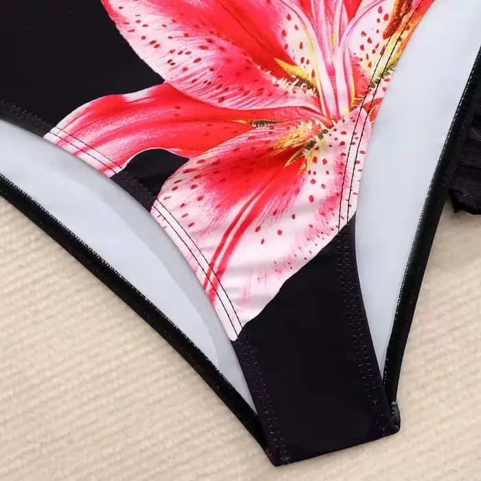 Maillots de bain pour adolescentes, ensembles de bikinis à taille haute à imprimé floral noir d'été avec des cache-maillots de plage, maillots de bain pour filles