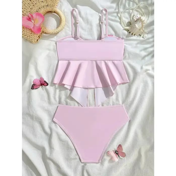 Maillot de bain à fleurs taille haute pour filles de 7 à 16 ans, maillot de bain d'été pour enfants, imprimé Biquini, ensemble de bikini rose pour adolescentes