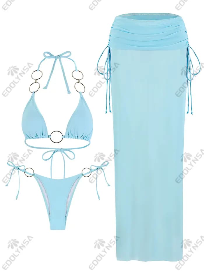 3 pièces Bikini ensembles discothèque Partywear maillot de bain brésilien joint torique maillot de bain avec jupe string Biquini maillots de bain femmes K168
