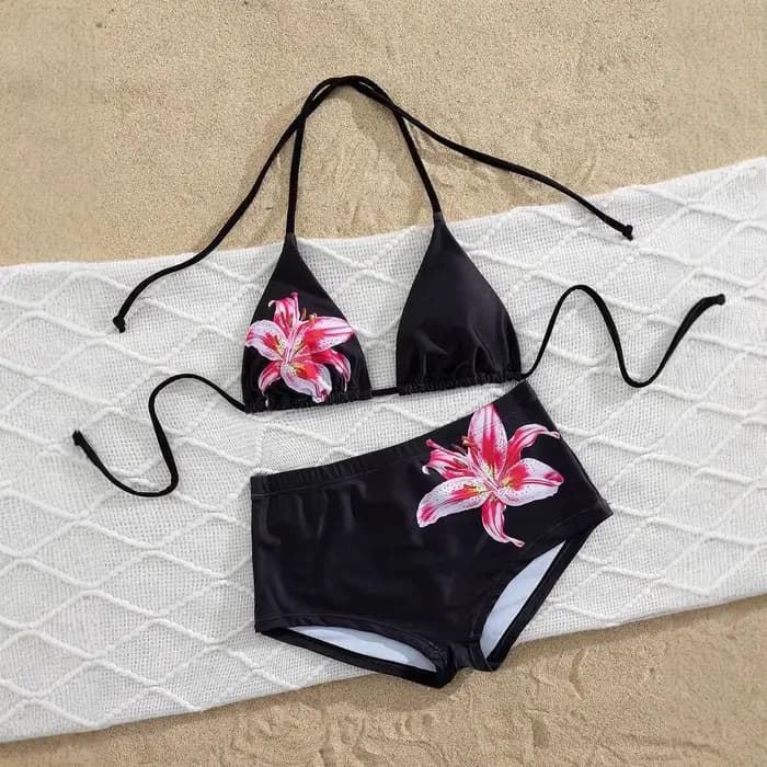 Ensemble de bikini triangle dos nu noir imprimé lys pour femme