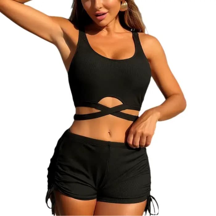 Maillot de bain deux pièces pour femme, style short, avec cordon de serrage, sexy, tendance, pour les vacances et la plage, collection été