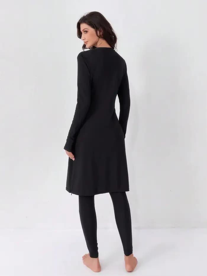 Maillot de bain décontracté pour femmes musulmanes, ensemble deux pièces, maillot de bain à col rond, style conservateur, boucle de doigt, robe noire, pantalon taille haute