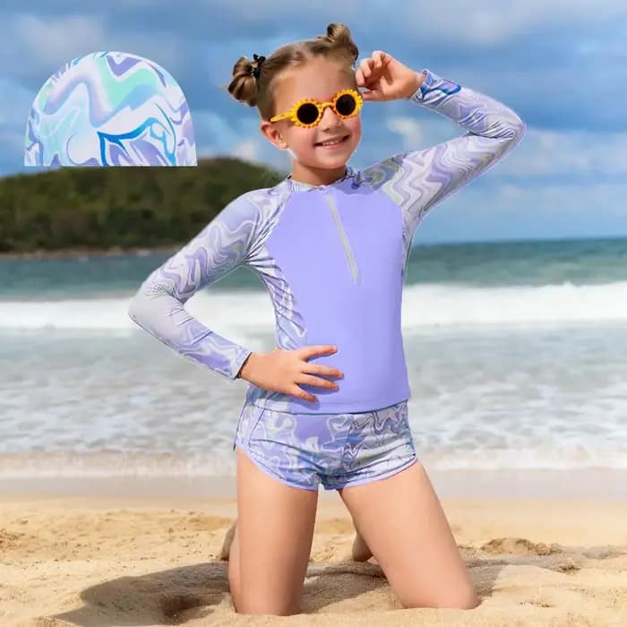 Maillot de bain deux pièces pour jeunes filles, ensemble imprimé à la mode, manches longues, fermeture éclair, protection solaire, séchage rapide, maillot de bain pour adolescents