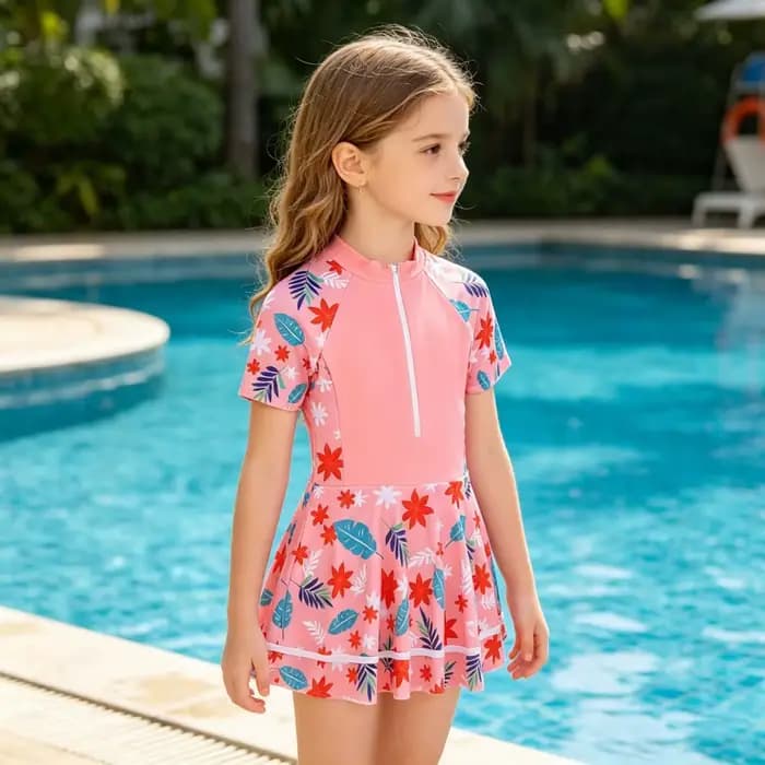 Maillot de bain 2 pièces pour filles, jupe et haut de protection solaire à manches courtes, motif floral, séchage rapide, pour enfants