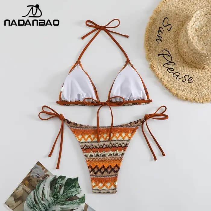 Nadanbao Sexy tricot imprimé fleuri Bikini ensembles maillots de bain femmes marron dos nu mode maillot