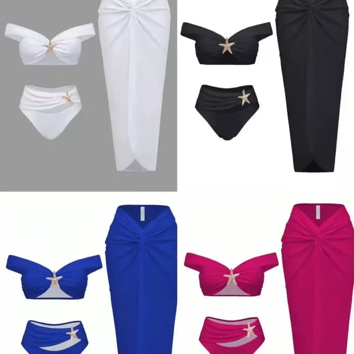 Ensemble de bikini sexy pour femmes, vêtements de plage, bikini étoile de mer métallique, jupes longues plissées, ensembles trois pièces, style de vacances pour filles sexy, maillot de bain