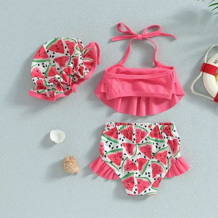 Maillot de bain Bikini pour petites filles, sans manches, col licou, à volants, haut court, gilet, short, costume de bain pour nourrissons avec chapeau
