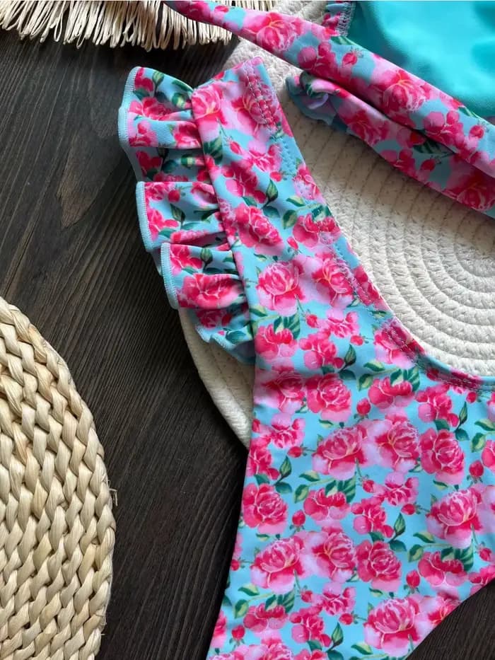 Maillot de bain 2 pièces imprimé fleuri à volants