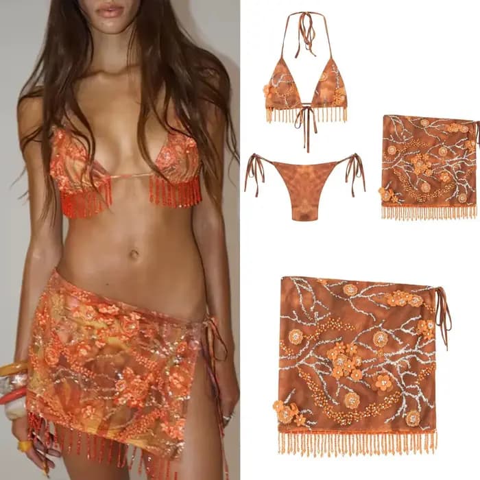Bohème deux pièces ensemble Bikini pour femmes perle frange florale brodée Sexy col en V profond vacances à lacets jupe