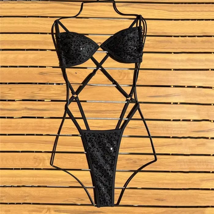 Maillot de bain micro bikini rose à sequins brillants