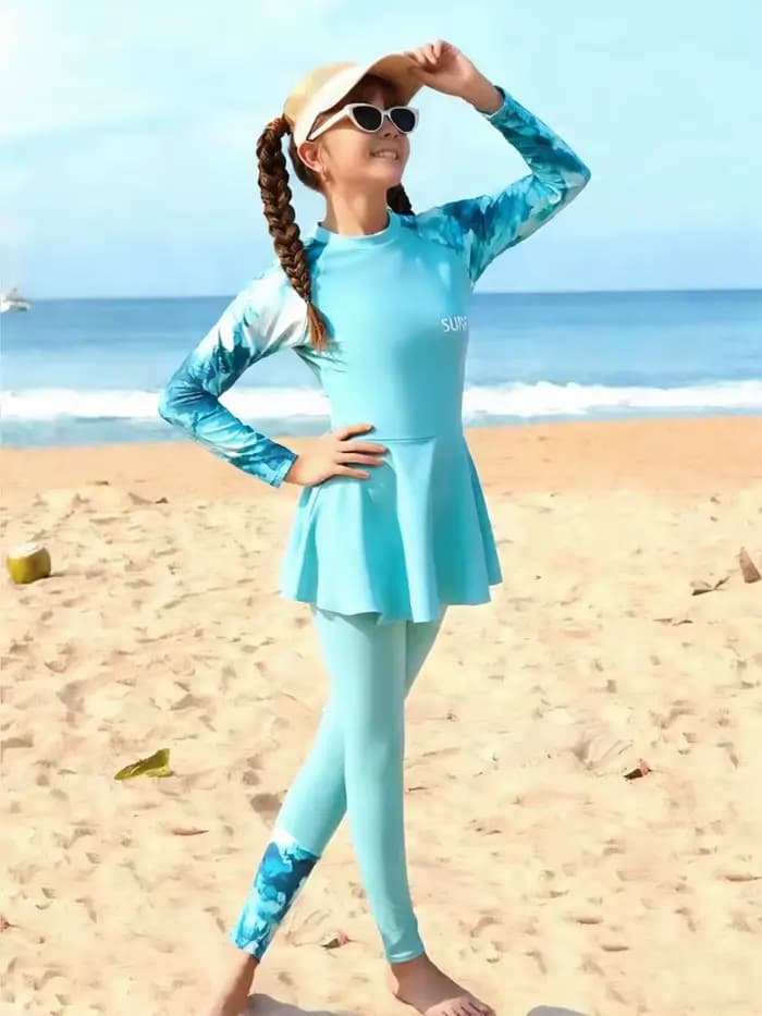 Maillot de bain pour filles 2026 Nouvelle collection – Ensemble 3 pièces tie-dye uni à manches longues