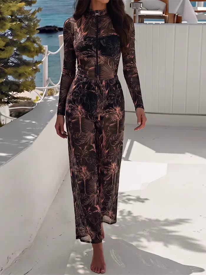 Maillot de bain une pièce pour femmes, maillot de bain imprimé feuilles, manches longues avec fermeture éclair, pantalon, nouvelle collection, S - XXL, K8355