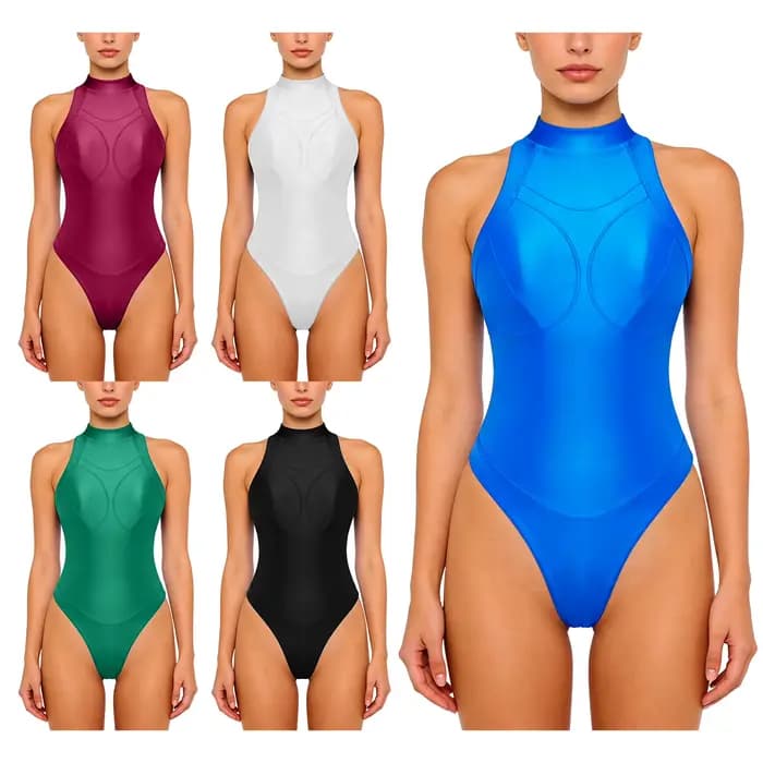 Maillot de bain une pièce brillant sans manches pour femme avec fermeture éclair au dos
