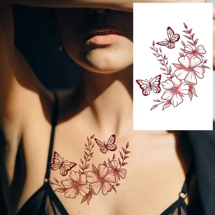 Autocollants de tatouage temporaire fleur papillon, faux tatouages imperméables, derniers 2-5 jours, 1 feuille