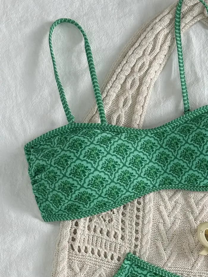 Bikini Bandeau Sexy 2026 Femme Vert Floral Plissé Push-Up Rembourré String Maillot de Bain Été Deux Pièces Biquini