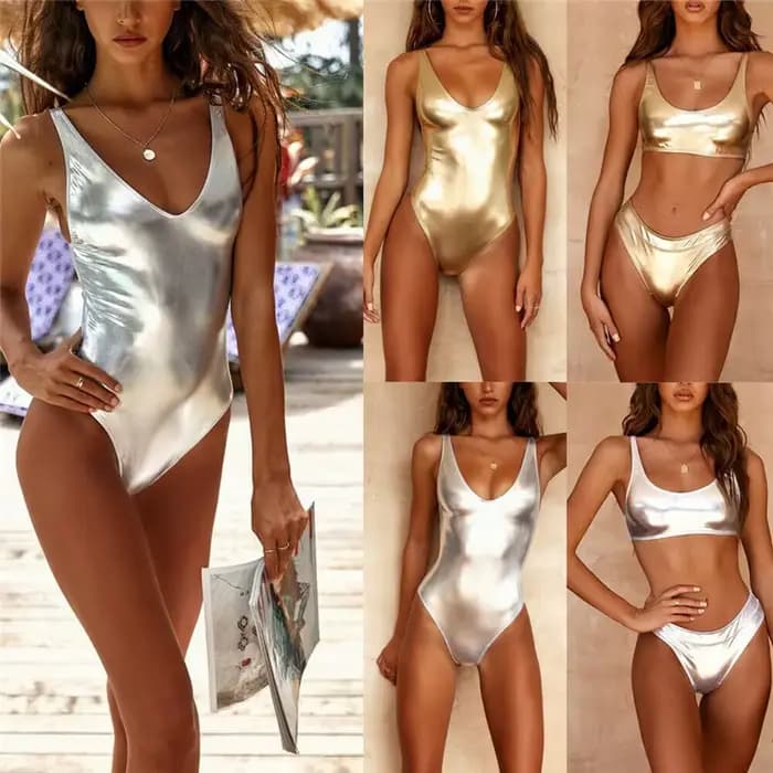 Sexy brillant femmes maillots de bain or argent métallique cuir encolure dégagée maillot
