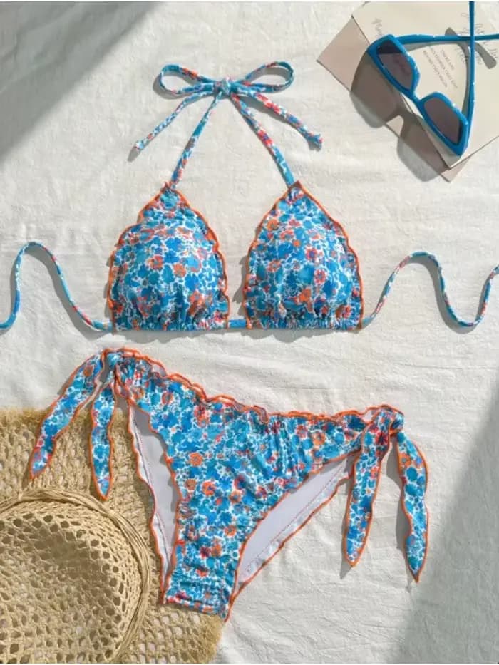 Femmes mignon Bikini ensemble 2025 nouvel été Orange imprimé fleuri licou volants Push Up cravate côté string maillot de bain maillot de bain