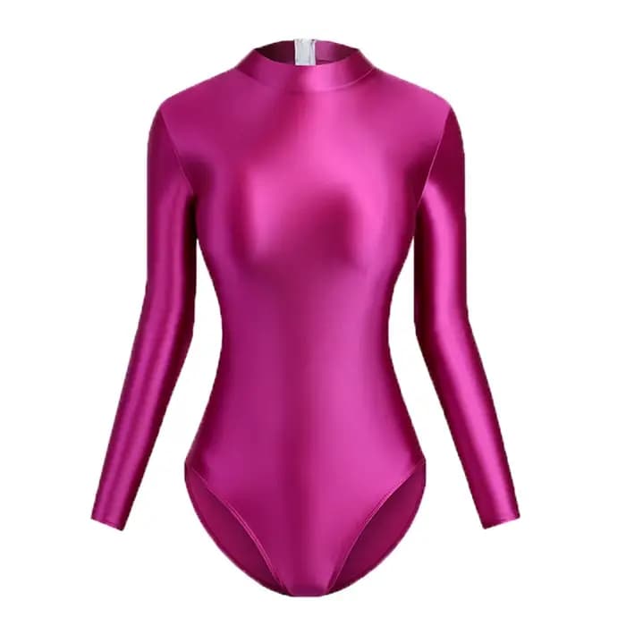 MJINM femmes soyeux brillant col haut dos fermeture éclair maillots de bain à manches longues une pièce