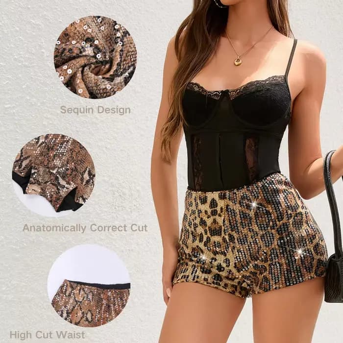 Anfilia femmes short à la mode imprimé léopard avec paillettes taille haute Sexy & Club y2k tenues Shorts