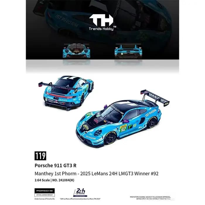 Trends Hobby TH1:64 Porsche 911 GT3 R-2025LeMans 24H LMGT3 Championship Team Racing Alloy Car Model