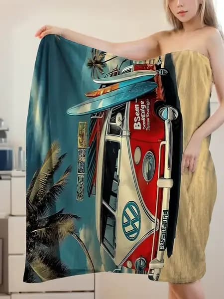 Serviette de plage imprimée vintage VW Bus & Planche de surf - Serviette de bain douce et absorbante pour la famille et les voyages, design d'été rétro pour les vibrations amusantes