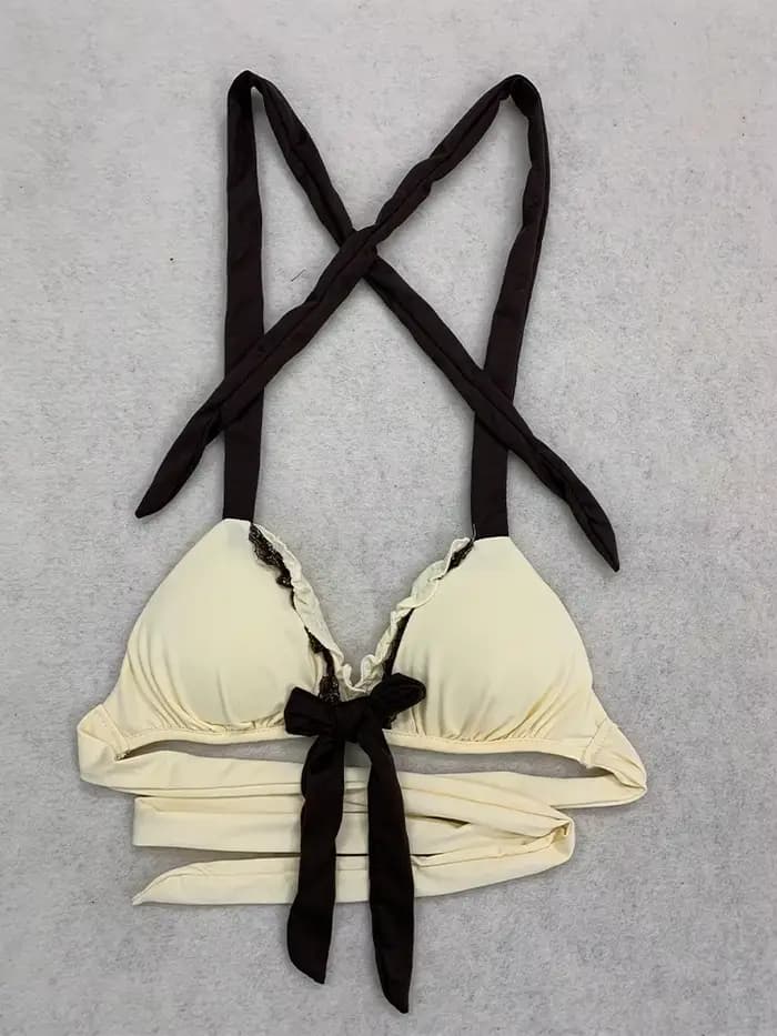 Ensemble bikini jupe beige d'été avec dentelle et nœud, style Y2K, mignon et tendance, pour la plage, la piscine, les vacances, maillot de bain féminin