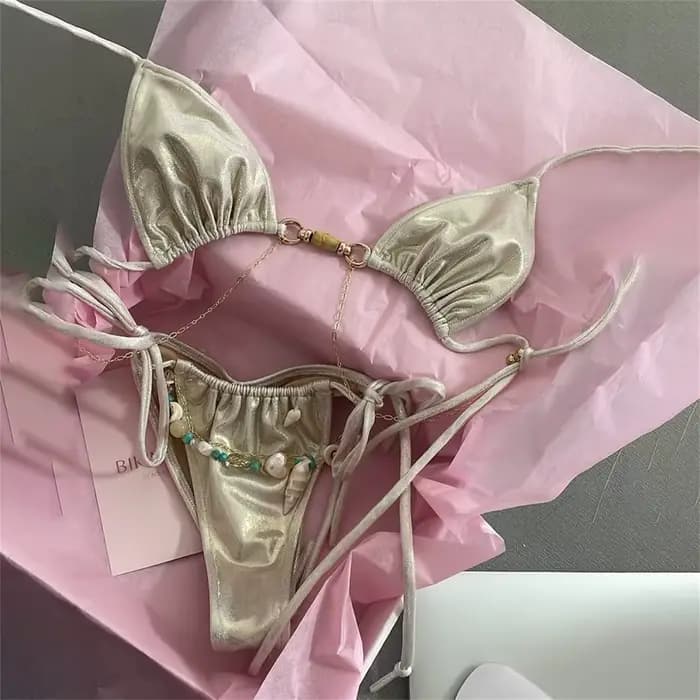 Bikini brillant pour femme, ensemble de maillot de bain à coupe haute, tenue de plage et de villégiature, style halter, micro-paillettes, pour l'été