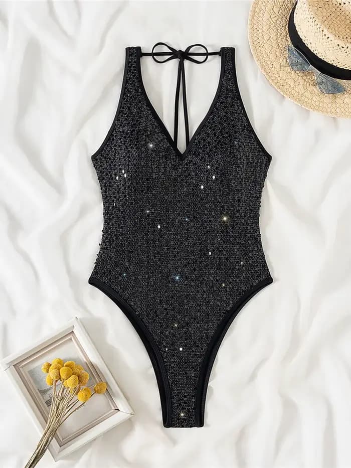 Maillot de bain une pièce sexy pour femme, maillot de bain, monokini, coupe haute, paillettes scintillantes, col en V, dos nu, vêtements de bain pour femmes V6425