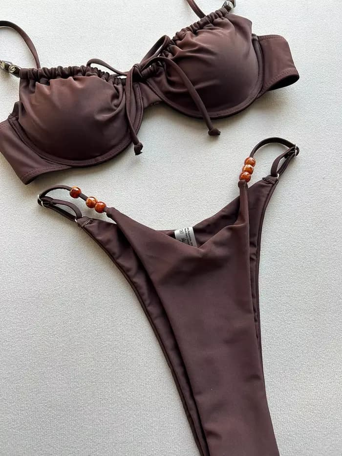 Nouveau Maillot de Bain Sexy 2026 avec Armatures et Rembourrage, Ensemble Micro Bikini à Lacets, Tenue de Plage Femme Push-Up Taille Basse, Biquini Décoré de Perles