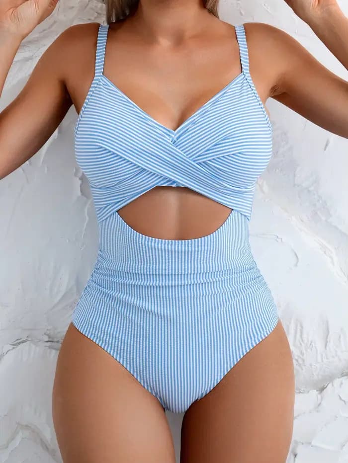 Vintage bleu ciel rayé une pièce maillot de bain 2026 femmes évider croix mince ventre contrôle maillots de bain plage vacances maillot de bain