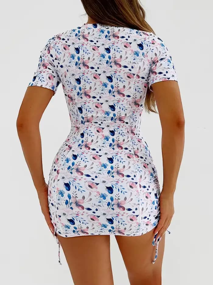 Maillot de bain deux pièces femme 2026 Nouveauté Manches courtes Imprimé Fermeture éclair Fendu Taille haute Tenue de