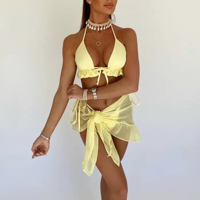Maillot de bain sexy à lacets pour femme, ensemble bikini avec jupe plissée en maille, maillot de bain plissé à volants, bikini en V