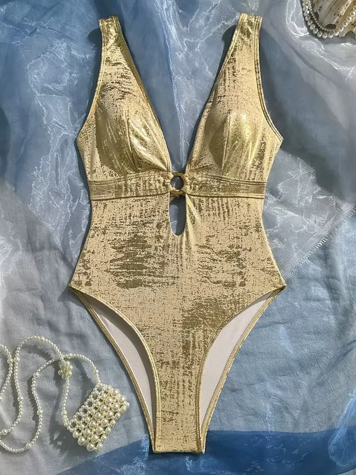 Maillot de bain une pièce doré scintillant à col en V profond pour femme, monokini dos nu à coupe haute, tenue de plage