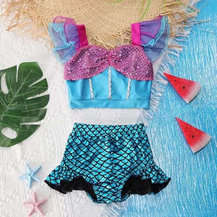 Ensemble de maillot de bain 2 pièces pour filles, imprimé sirène à paillettes, vêtements de plage d'été, pour enfants de 2 à 8 ans, pour fête à la piscine, vacances